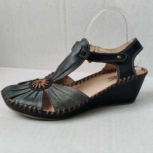 PIKOLINOS Puerto Vallarta Teal &  Tan Leather Wedge Shoes Sz 40EU/ 9-9.5US